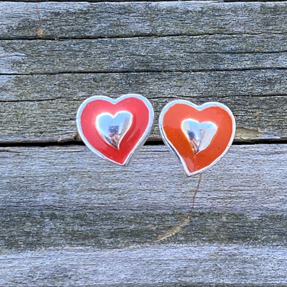 Orange red heart earrings silver tone with enamel fashion earrings - Picture 2 of 4